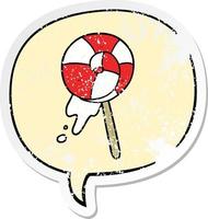 cartoon traditional lollipop and speech bubble distressed sticker vector