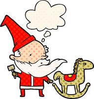 cartoon santa making toy and thought bubble in comic book style vector