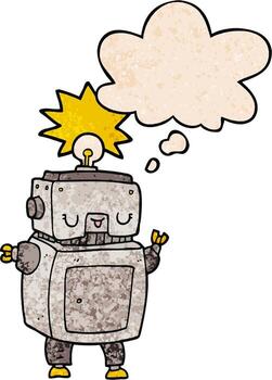 robot de dibujos animados y burbuja de pensamiento en estilo de patrón de textura grunge vector