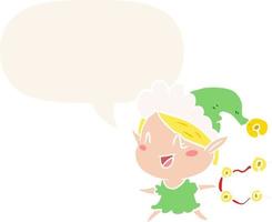 cartoon happy christmas elf and speech bubble in retro style vector