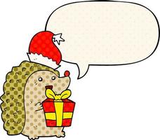 cartoon hedgehog wearing christmas hat and speech bubble in comic book style vector