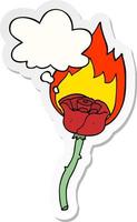 cartoon flaming rose and thought bubble as a printed sticker vector