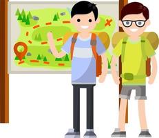 Tourists near stand with information map vector