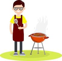 Man prepares barbecue meat on a grill over fire. vector