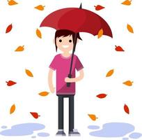 Young woman standing in the rain with umbrella. Fall of orange and red autumn leaves. Cartoon flat illustration. Protection from Bad windy weather vector
