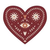 Symmetrical Mystical Heart with boho elements, eye, flowers, hearts and twigs. Decorative element for Valentine's day cards, packaging design. Color vector illustration isolated on a white background.