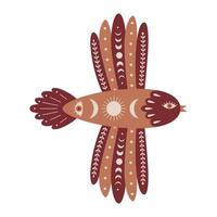 A flying beige-brown bird with folk, celestial elements, twigs, moon, sun, eye. A mysterious decorative element for design. Color vector illustration isolated on a white background.