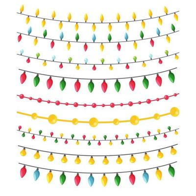 A set of different garlands in a flat style for decorating Christmas cards, invitations, leaflets, banners. Color vector illustration in flat style, isolated on a white background