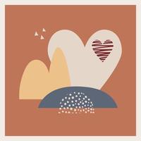 A postcard with abstract, textural shapes and elements, a heart, mountains in neutral, pastel colors. Boho landscape. design for print, cover, Minimal and natural wall art. Vector illustration.