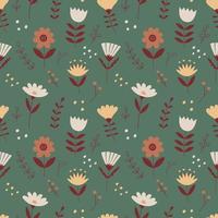 Vector seamless pattern with simple creative flowers, twigs and herbs. Backdrop with botanical elements on beige background. Great for wrapping paper, textiles, fabric, greeting cards and scrapbooking