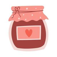 A jar of jam and a paper label with a heart. Sweet food. Cute decorative element for Valentine's Day cards. Simple flat color vector illustration isolated on white background.