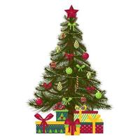 Christmas tree decorated with Christmas tree toys, balls, beads and a star. Gift boxes under the tree. For greeting cards, flyers. Isolated on a white background. Vector illustration in flat style.