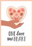 A postcard with a hand holding a flower heart and a handwritten phrase - One love one heart. A symbol of love, romance, Valentine's Day. Color vector illustration isolated on a white background.