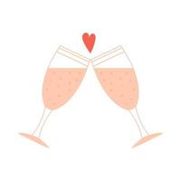 Two glasses clink. Drink, wine, symbol of romance, love. A decorative element for Valentine's Day. Color vector illustration isolated on a white background.