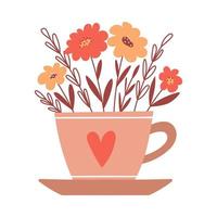 ramo con simples flores rojas y amarillas y ramitas en una taza con corazón y platillo. elemento decorativo para tarjetas de san valentín. ilustración de vector de color plano simple aislada sobre fondo blanco.