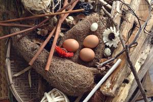 quail eggs on a vintage wooden background photo