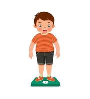 overweight cute little boy with body fat standing on the weighing scale look surprise when measuring his weight vector