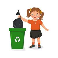 cute little girl taking out the trash in garbage bag into recycling bin. Kids doing daily routine housework chores at home vector