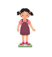 cute little girl child standing on the weighing scale checking her weight vector