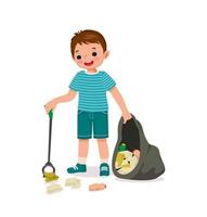 cute little boy collecting plastic bottles and papers waste with litter trash picker stick put into garbage bag for recycling to protect save environment vector