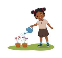 feliz linda niña africana regando plantas flores en la olla con regadera en el jardín vector