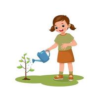 cute little girl watering plants flowers in the pot with watering can in the garden vector