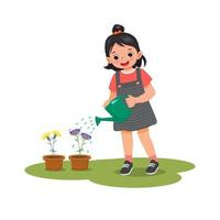 Happy cute little girl watering plants flowers in the pot with watering can in the garden vector