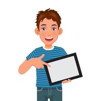 handsome young man holding and pointing finger to a digital smart tablet device with empty screen for copy space, texts, announcement messages and advertising content vector