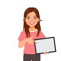 beautiful young woman holding and pointing finger to a digital smart tablet device with empty screen for copy space, texts, announcement messages and advertising content vector