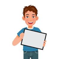 handsome young man holding and showing a digital smart tablet device with empty screen for copy space, texts, announcement messages and advertising content vector