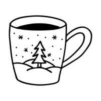 A Cup of tea with a Doodle-style winter pattern. The sketch is hand-drawn and isolated on a white background. Element of new year and Christmas design.Outline drawing. Black-white vector illustration.