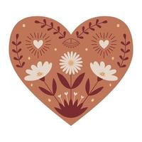Symmetrical Mystical Heart with boho elements, eye, flowers, hearts and twigs. Decorative element for Valentine's day cards, packaging design. Color vector illustration isolated on a white background.