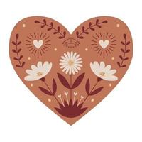 Symmetrical Mystical Heart with boho elements, eye, flowers, hearts and twigs. Decorative element for Valentine's day cards, packaging design. Color vector illustration isolated on a white background.