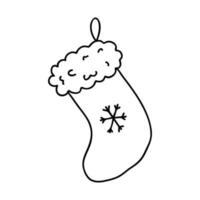 Christmas sock for gifts in Doodle style. The sketch is hand-drawn and isolated on a white background. Element of new year and Christmas design. Outline drawing. Black-white vector illustration.