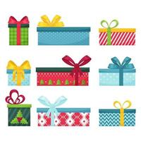 Set of gift boxes with bows. Bright, different boxes. Christmas gifts isolated on white background. Design elements for brochures, flyers, and postcards. Color vector illustration in flat style