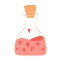 un matraz con corcho, corazones y líquido rosa. elixir de amor, poción de amor. elemento decorativo para tarjetas de san valentín. ilustración vectorial de color aislada en un fondo blanco. vector