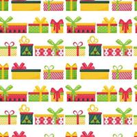 Bright seamless pattern with multi-colored gift boxes on a white background. Great for wrapping paper, gift boxes. Flat objects are isolated and hidden under a mask. Easy to edit. Vector illustration