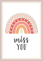 Valentine's Day card with a red and pink boho rainbow with a pattern and a heart and the handwritten phrase Miss you. Color vector illustration in a flat style isolated on a white background.