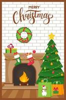 Template new year, Christmas greeting card with the words Merry Christmas. Fireplace, Christmas tree and gift bags on the background of a brick wall. Concept in a flat style symbols of Christmas. vector