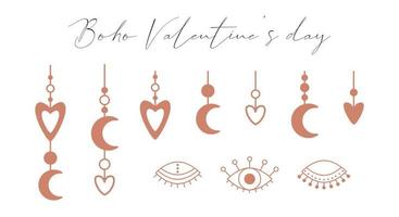 un conjunto de elementos boho con corazones, luna creciente, ojos abiertos y cerrados. símbolos boho, colgantes con un corazón. elementos decorativos para el día de san valentín. ilustraciones de vectores de color aisladas en blanco.