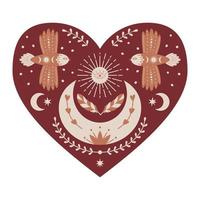 Symmetrical Mystical Heart with birds, crescent moon, twigs, sun, feathers. Decorative element for Valentine's day cards, packaging design. Color vector illustration isolated on a white background.