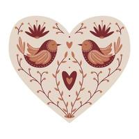 Symmetrical Mystical Heart with birds, twigs, hearts. Decorative element for Valentine's day cards, packaging design. Color vector illustration isolated on a white background.