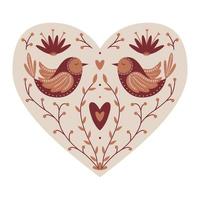 Symmetrical Mystical Heart with birds, twigs, hearts. Decorative element for Valentine's day cards, packaging design. Color vector illustration isolated on a white background.