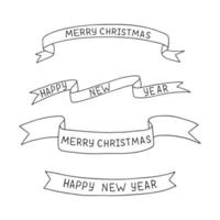 A set of labels on ribbons in Doodle style. The sketch is hand-drawn and isolated on a white background. Element of new year and Christmas design. Outline drawing. Black-white vector illustration.