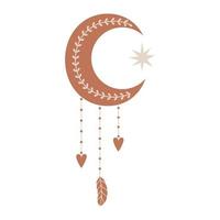 Boho, celestial element. A star and a crescent moon with a hanging feather, hearts. A mystical, esoteric, mysterious symbol. Vector illustration isolated on a white background