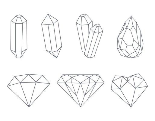 A set of crystals, diamonds, quartz, gemstones. Outline decorative elements. Vector illustrations isolated on a white background.'