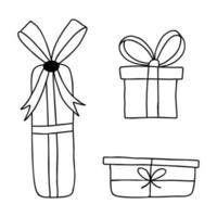 Set of gift boxes with a bow in Doodle style. The sketch is hand-drawn and isolated on a white background. Element of new year and Christmas design. Outline drawing. Black-white vector illustration.