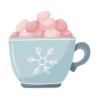 A blue mug with a snowflake and pink marshmallows. Hand-drawn flat winter cup with hot drink. The design element is isolated on a white background. Color vector illustration.