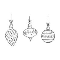 Set of Christmas toys in Doodle style. The sketch is hand-drawn and isolated on a white background. Element of new year and Christmas design. Outline drawing. Black-white vector illustration.