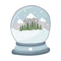 A snow globe with mountains, snowdrifts, forests and snowflakes. Hand-drawn flat Christmas attribute, design element isolated on a white background. Hand-drawn flat style. Color vector illustration.